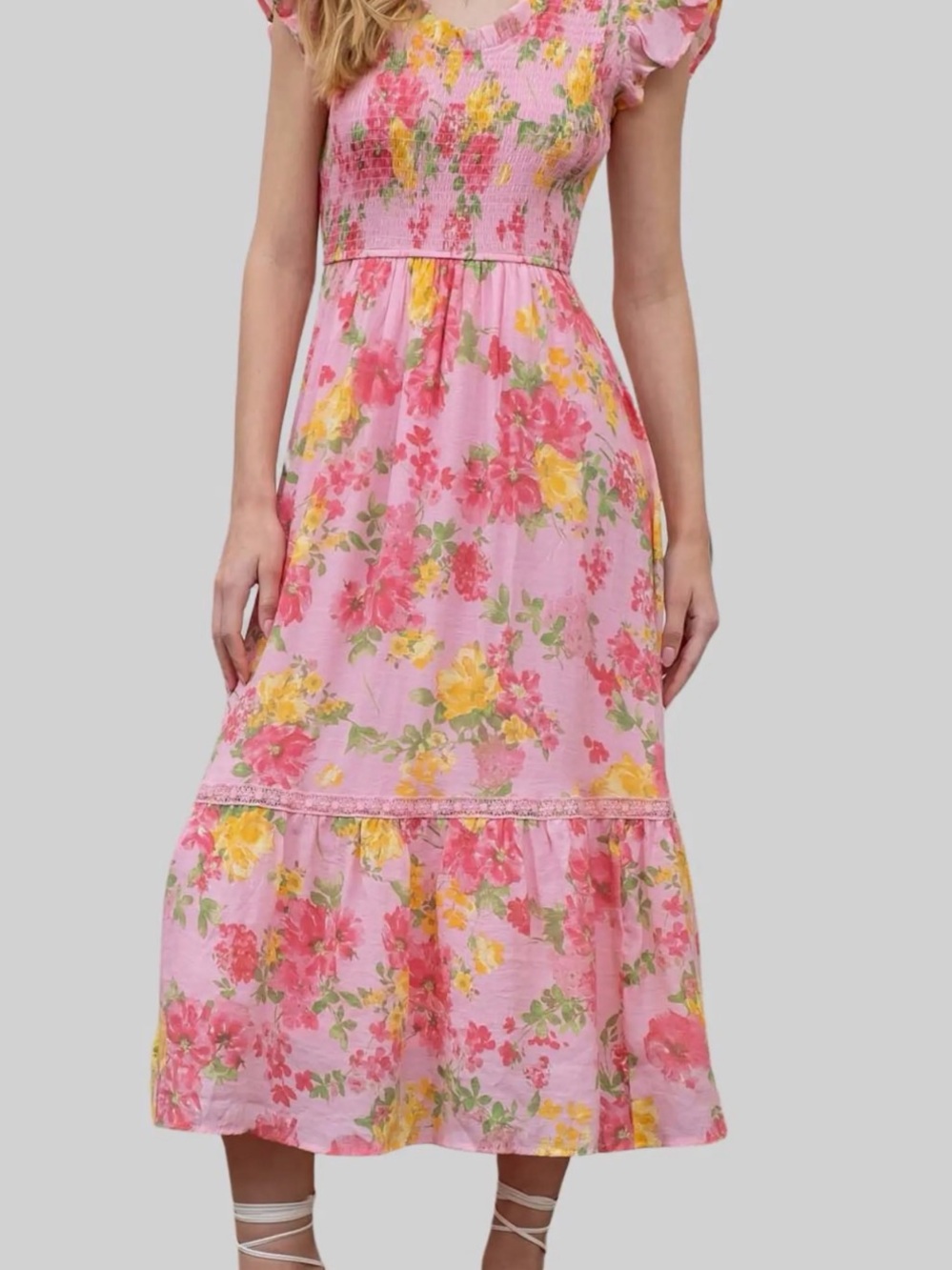 Blu Pepper Pink Floral Midi Dress with Yellow Accents